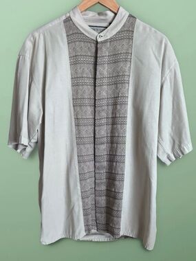 90’s Men's Short Sleeve Button Down Panel Collarless Dress Shirt - Light Taupe M